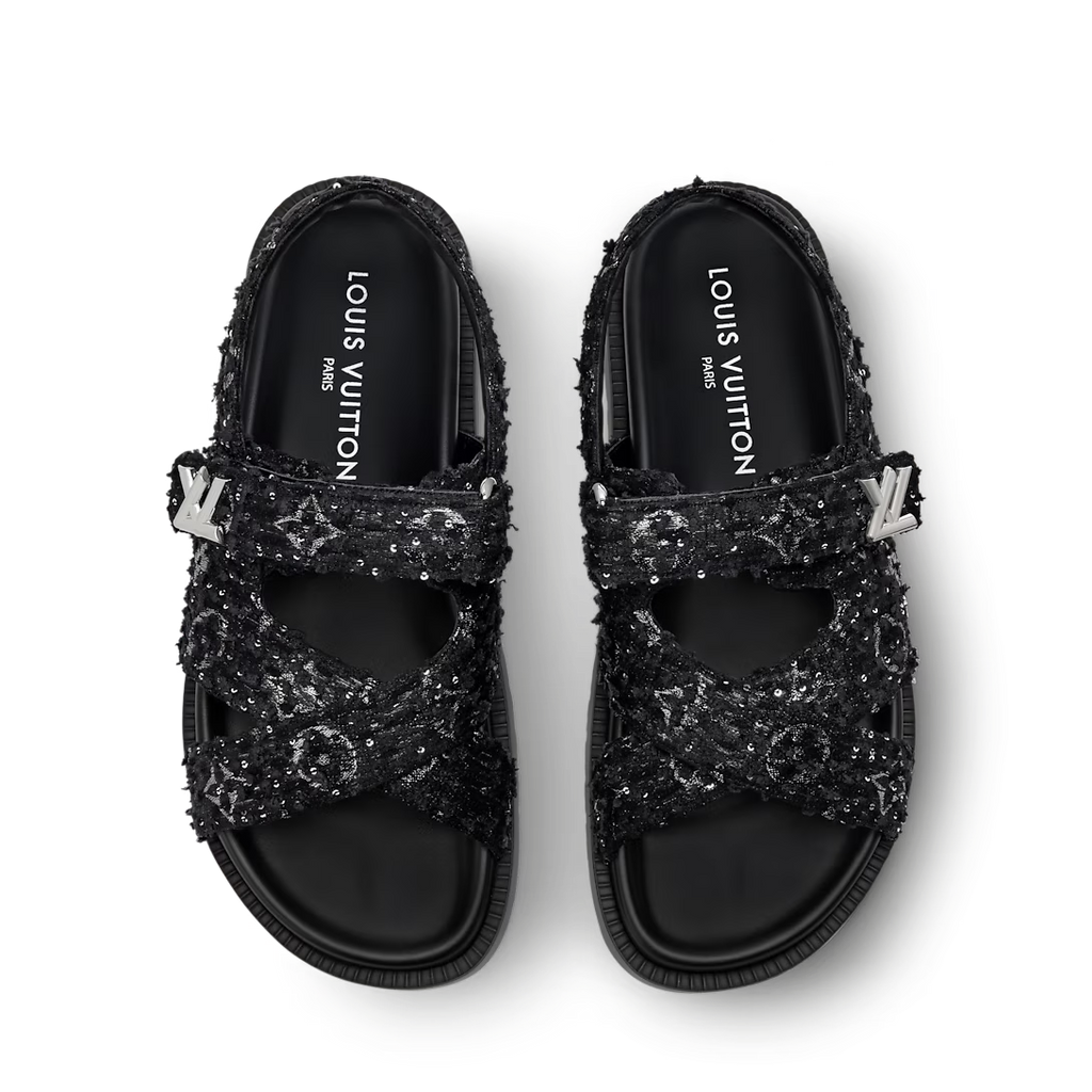 LV Sunset Flat Comfort Sandal Black Tweed Fabric
